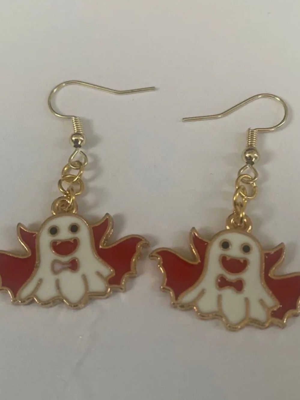Playful Ghost Bat Drop Earrings in White and Red - Unbranded